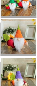 Détail de gnomes en peluche faits main avec longues barbes tenant des légumes décoratifs