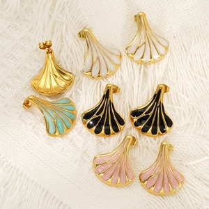 Elegant gold fan-shaped titanium earrings with colorful enamel dripping oil designs