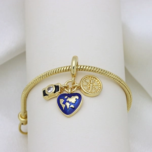 Travel Theme Charm Pendant Gold Plated Copper Enamel Zircon Plane Camera Eiffel Tower Dangle For Bracelet Women