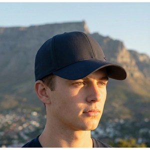 Detail view of breathable laser-cut vents and metal logo on a navy outdoor baseball cap