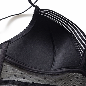 U-shaped backless plunge bra in black mesh with thin straps and padded cups