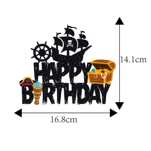 Pirate theme Happy Birthday cake topper with ship and treasure map motifs, 16.8x14.1cm