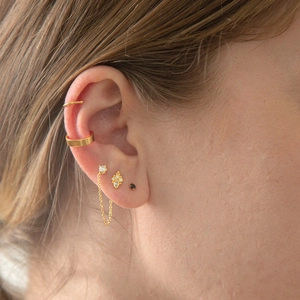 Close-up of golden rhinestone chain earrings and ear cuffs set worn on model