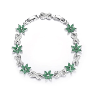 Elegant silver flower bracelet with green marquise stones and zircon crystal accents