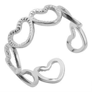 Detail of adjustable open ring featuring hollow heart shapes and textured engravings