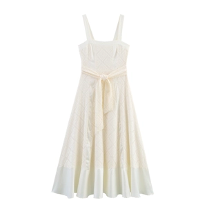 Robe Longue Élégante En Jacquard À Bretelles Avec Ceinture Taille Ajustée Jupe Longue Trapèze Pour Femme Blanc Cassé