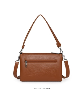 Detail view of brown faux leather crossbody bag with multi-zipper and lychee texture