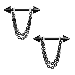 Detail of black barbell nipple rings with double metal chains and spiked cone ends