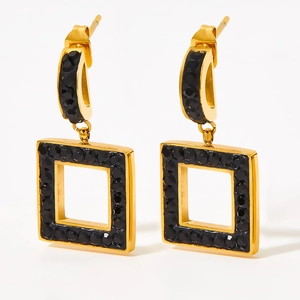 French style gold square earrings with black crystals on minimalist white background