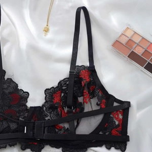 Detail of black mesh bra with red floral embroidery and crisscross back straps