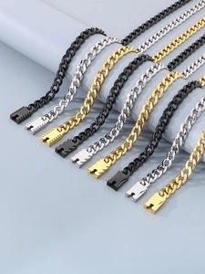 Detail showing Cuban link chains in black, gold, and silver finishes with box clasp closure