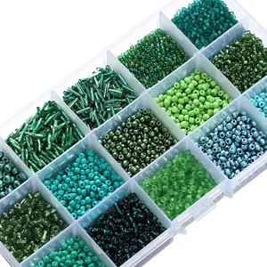 15-compartment DIY glass seed bead set in green tones for jewelry and bracelet making