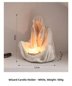 Ghost wizard candle holder detail with 15cm height dimensions and warm light effect