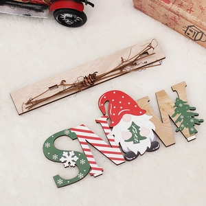 Christmas wood SNOW letters ornament with gnome and tree on a rustic base for home decor