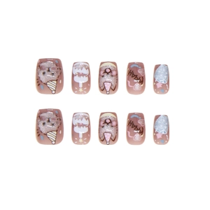 Kit de faux ongles roses mignons avec ours de dessin animé 3D, gâteau et motifs pailletés