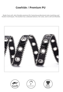 Detail of PU leather belt with silver metal grommets and beaded chain punk style decoration