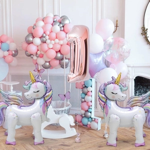 Standing 3D unicorn foil balloons set with rose gold number one for birthday party decor
