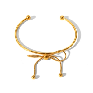 Elegant 18K gold-plated stainless steel bow open bangle for women with bead accents