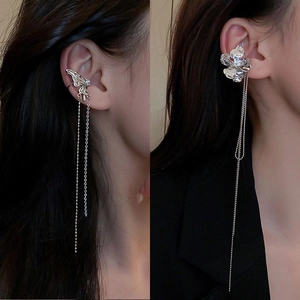 Silver butterfly zircon tassel ear bone clips and wrinkled floral tassel earring cuffs
