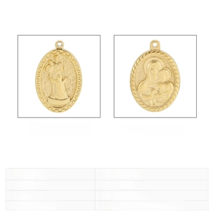 Detailed view of vintage gold oval Virgin Mary pendants in two sizes with specifications