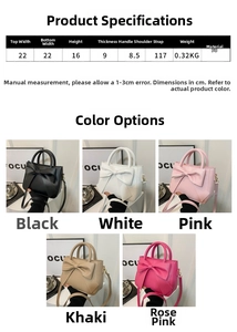 Size chart showing dimensions for bow handbag: 22cm width, 16cm height, and PU material specs
