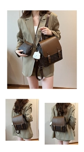 Vue détaillée du sac à dos ours avec pendentif nuage blanc et petite pochette assortie en marron