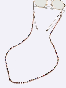 Detail of rose gold eyeglass chain with multi-color rhinestones and anti-slip loops