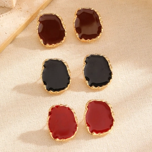 Vintage irregular square stud earrings set in gold with red black and brown enamel