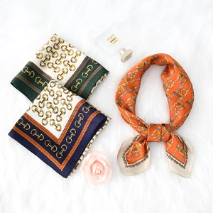 70x70cm vintage silk scarf with horse chain print in orange, green, and blue colors