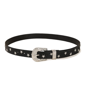 Western style black leather belt with vintage engraved buckle and star studs on white