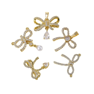 Golden bow pendant set with micro-inlaid zircons and pearls for DIY jewelry making