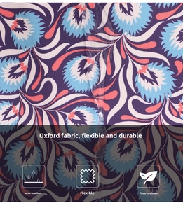 Macro detail of waterproof printed Oxford fabric showing floral patterns and woven texture