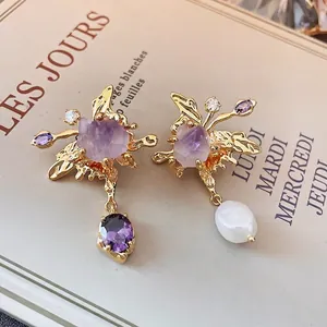 Asymmetrical Butterfly Earrings Purple Crystal Freshwater Pearl Zircon Copper 925 Sterling Silver Earring Post