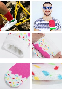 Detail shot of funny watermelon and fruit pattern socks featuring breathable knit texture
