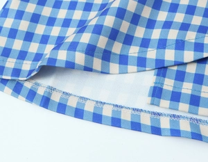 Detailed close-up of blue and white plaid fabric texture and hemline stitching quality