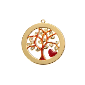 Golden Tree of Life pendant with small red heart and white rhinestones on white background