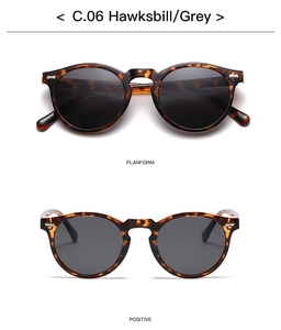 Detailsicht der runden Sonnenbrille mit Schildpatt-Rahmen und grauen Gläsern in zwei Winkeln