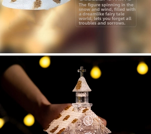 Detail of crystal church music box with gold glitter accents and ornate cutout patterns