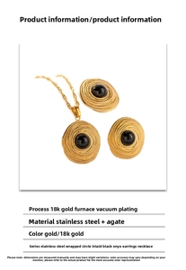 Detail of 18K gold plated stainless steel jewelry set featuring black agate inlays