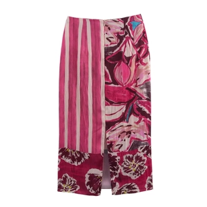 Artistic floral and striped print midi skirt in pink with a high-low split hemline