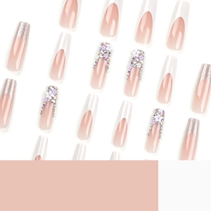 French white tip long coffin press-on nails with 3D flowers and purple rhinestones
