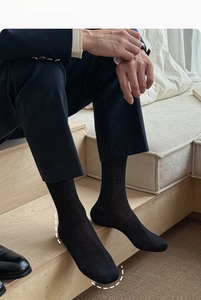 Detail of black silk business socks showing seamless heel fit and breathable texture