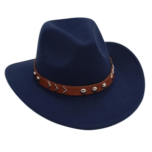 Close-up of navy blue wool fedora with brown leather band and silver metal rivets