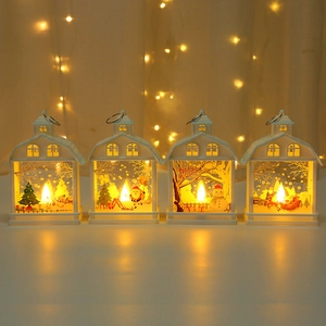 Set of 4 white Christmas house lanterns with LED lights and festive holiday patterns