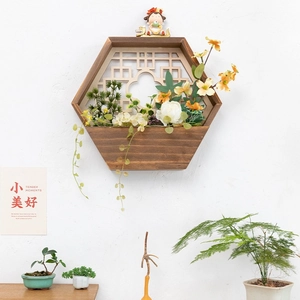 Macetero hexagonal de madera maciza para pared con flores artificiales y verdure realista