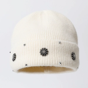 Thickened winter knitted ear-protection beanie in cream white with daisy rhinestones