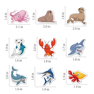 Detailed grid of cartoon ocean animal stickers with specific size measurements in inches