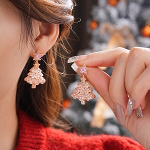 Christmas Tree Dangle Earrings With Cubic Zirconia Pink Star Copper And 925 Sterling Silver Earring Post Holiday Jewelry