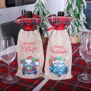 Housses de bouteille de vin en toile de jute avec cordon rouge et motif de camions