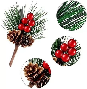Detailed views of artificial pine needles, red berries and pine cones for Christmas DIY
